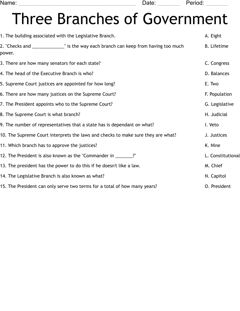 Three Branches Of Government Worksheet WordMint