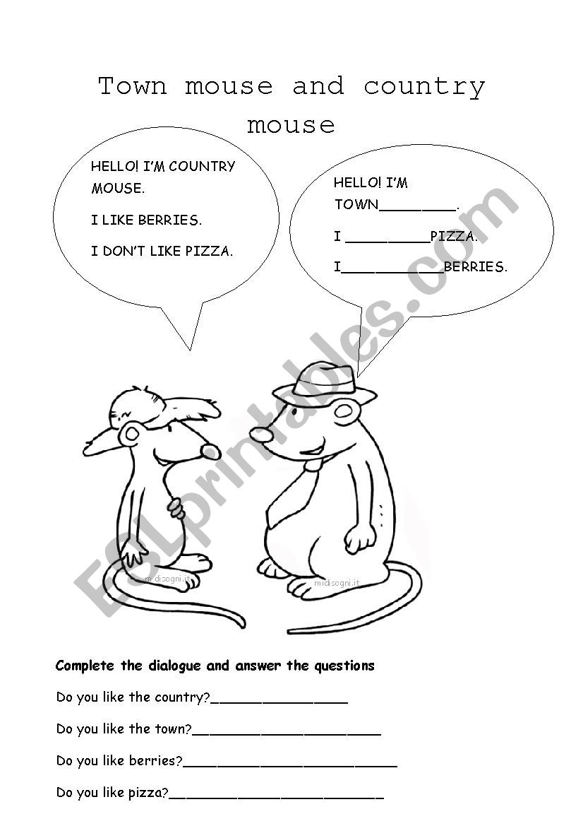 City Mouse Country Mouse Printable Worksheets