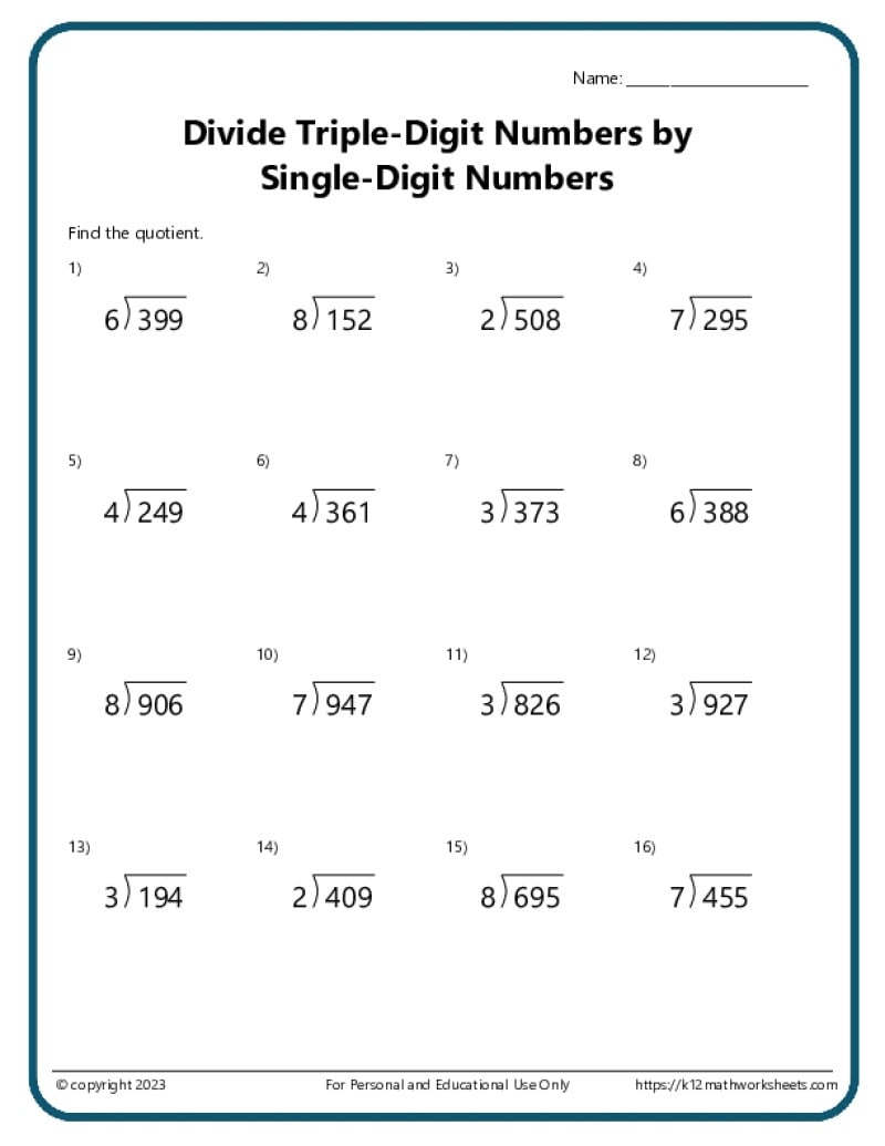3 Digits Division Worksheets Printable