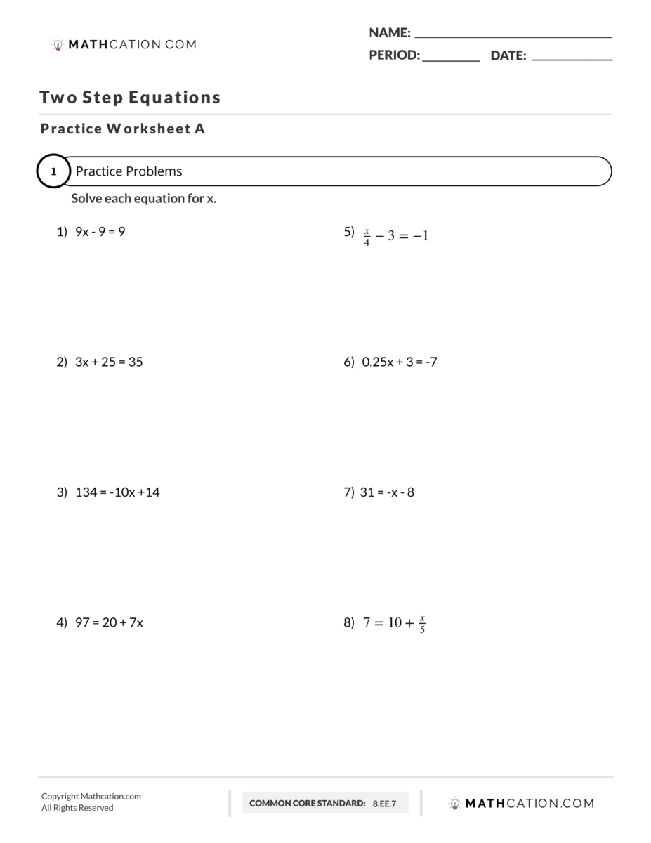 2 Step Equations Printable Worksheets