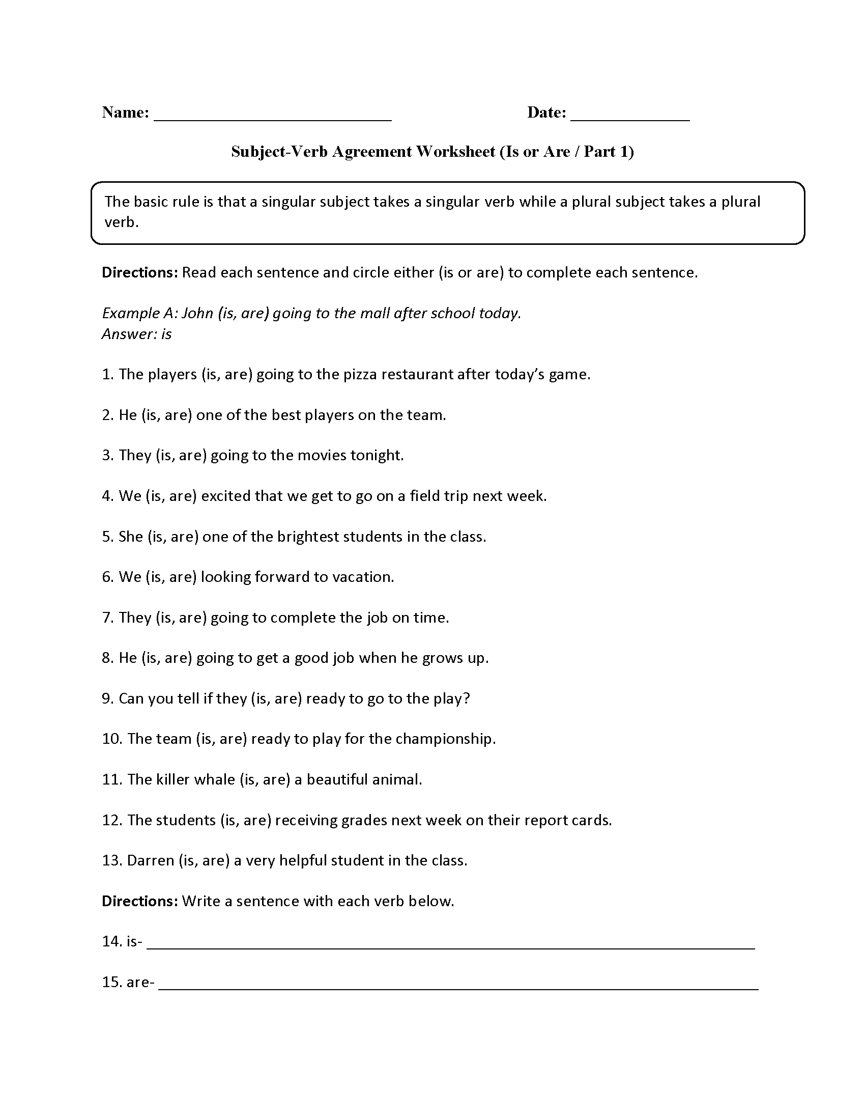 6Th Grade Subject Verb Agreement Printable Worksheets