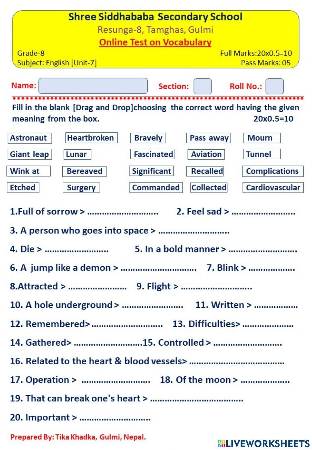 8Th Grade Vocabulary Worksheets Printable