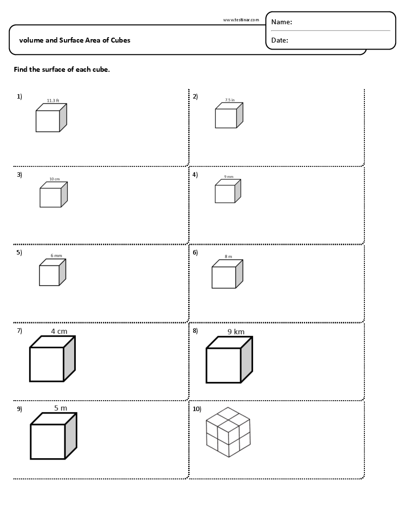 Volume And Surface Area Of Cubes Worksheets