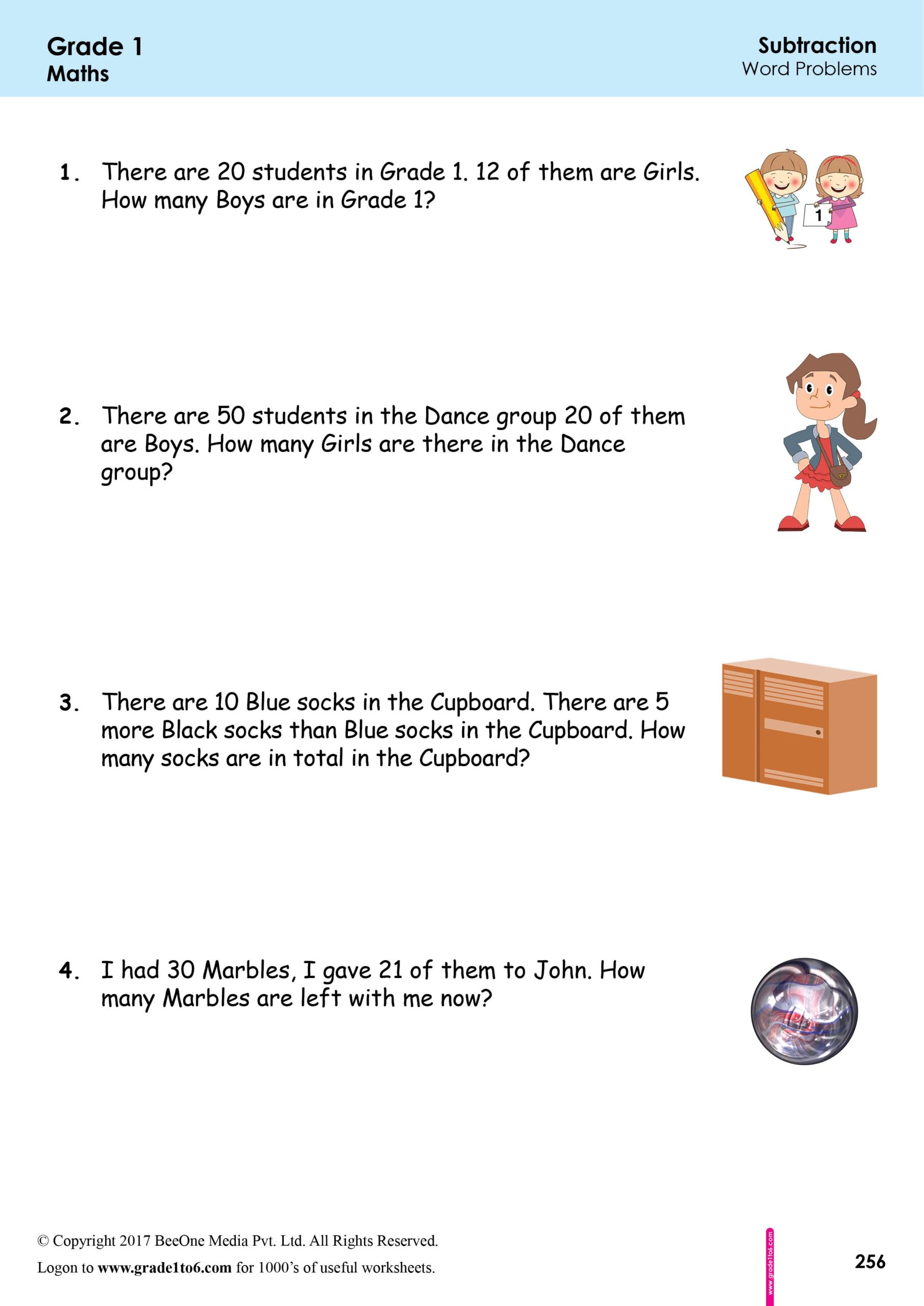 1St Grade Subtraction Word Problems Printable Worksheets