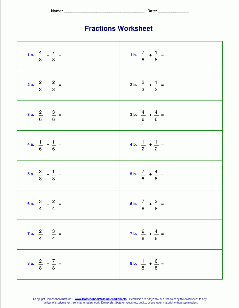 Additon Fractions Worksheets 1St Grade Printable