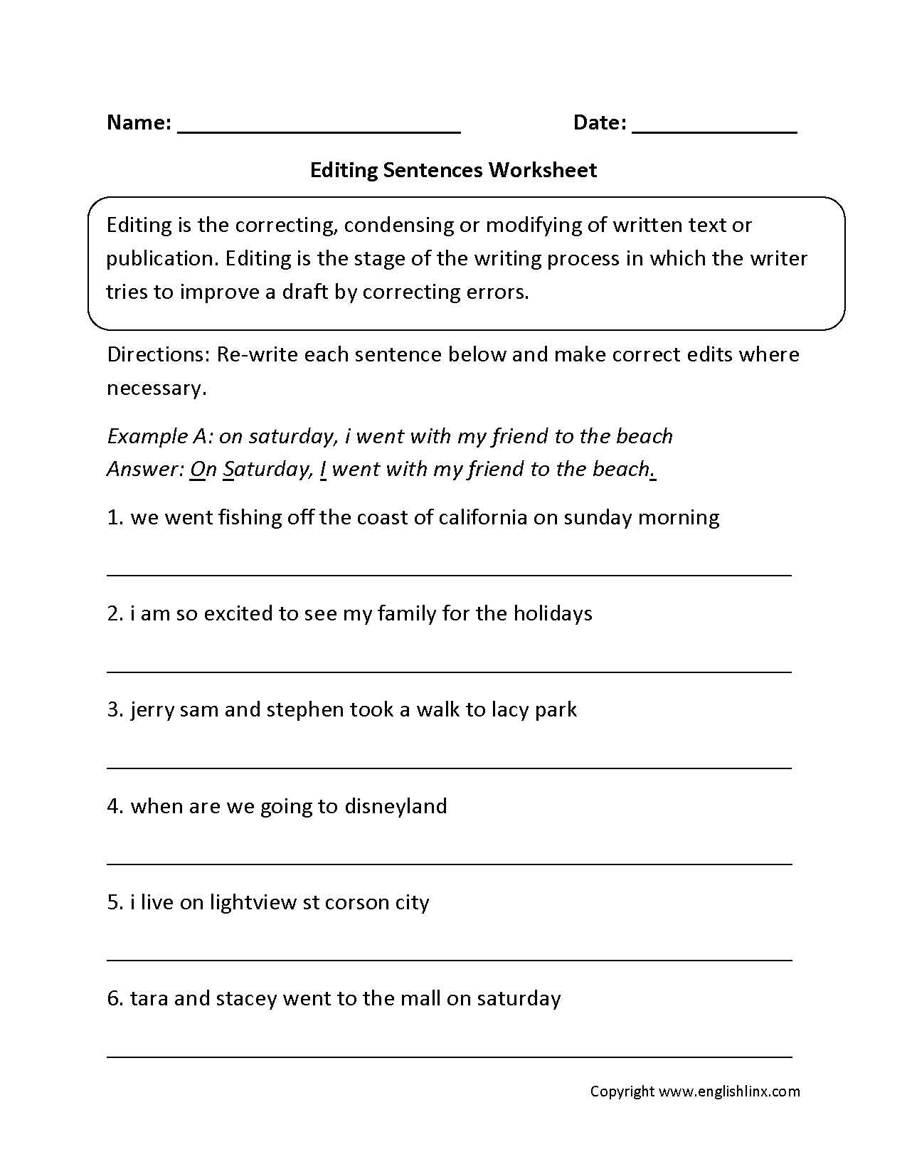 Writing Worksheets Editing Worksheets