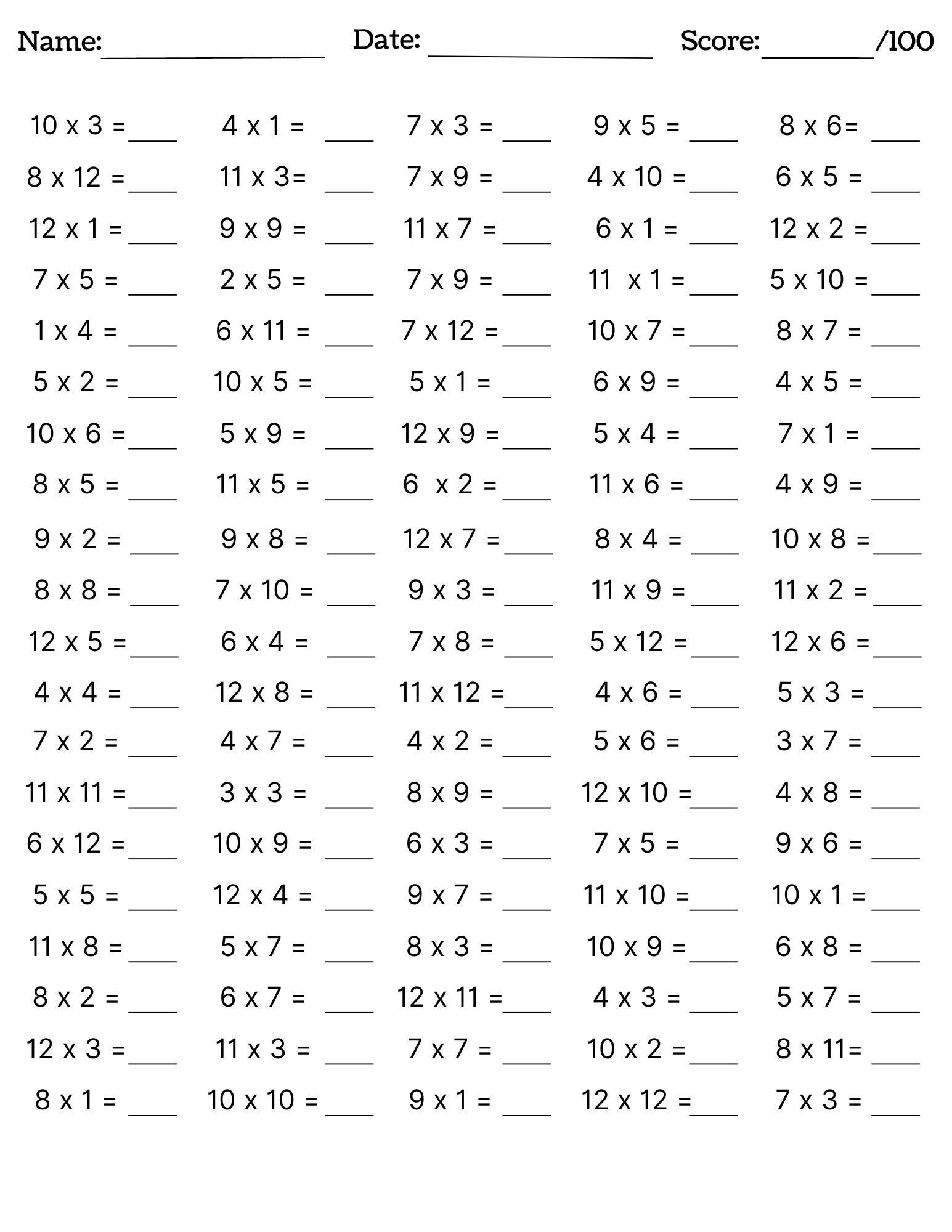 2 Minute Testmultiplication Tables 1-11 Printable Worksheets