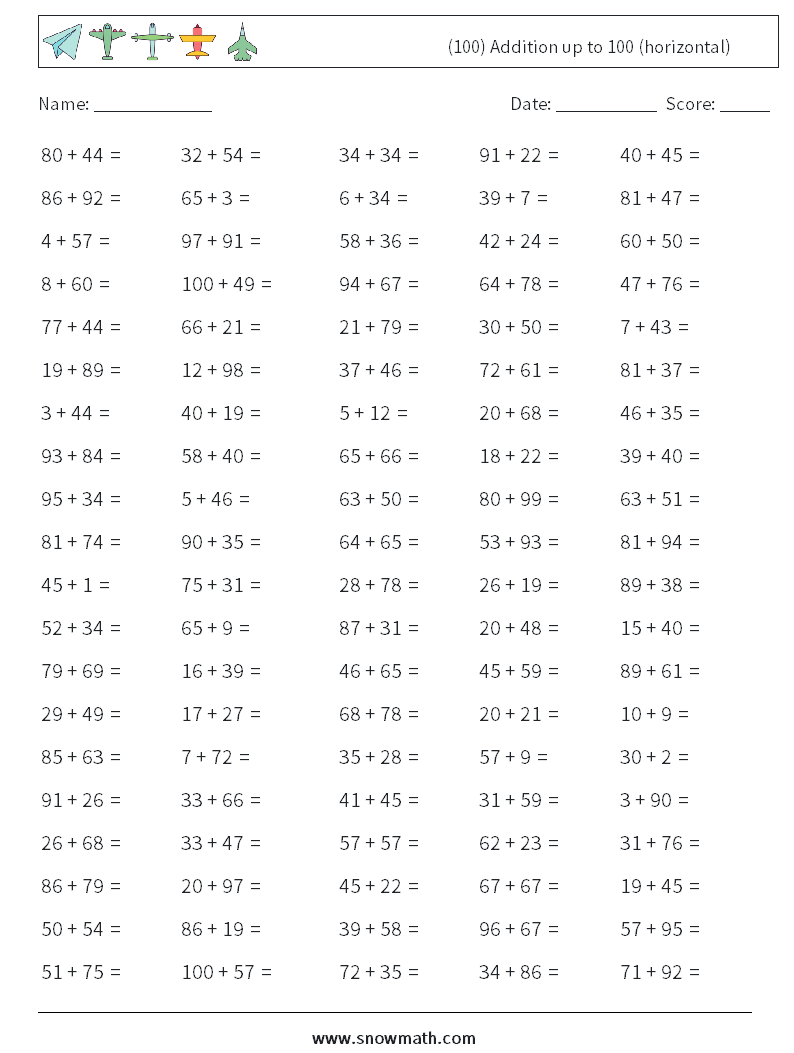 100 Problem Addition Worksheets Printable