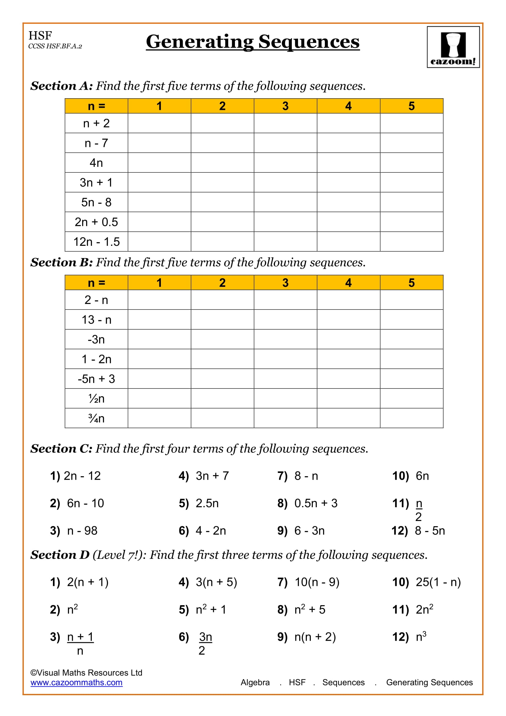 12Th Grade Printable Math Worksheets