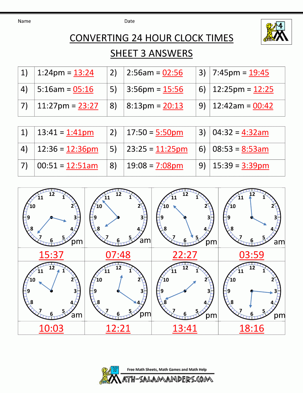 24 Hour Clock Worksheets Printable