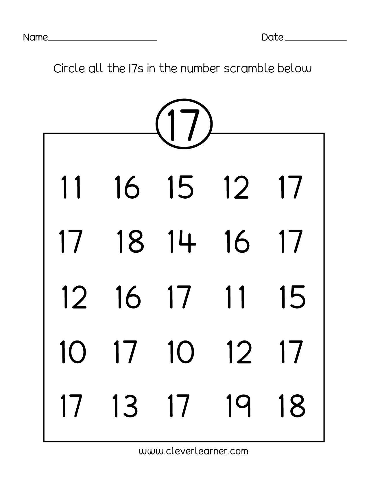 Number 17 Writing Counting And Identification Printable Worksheets For Children