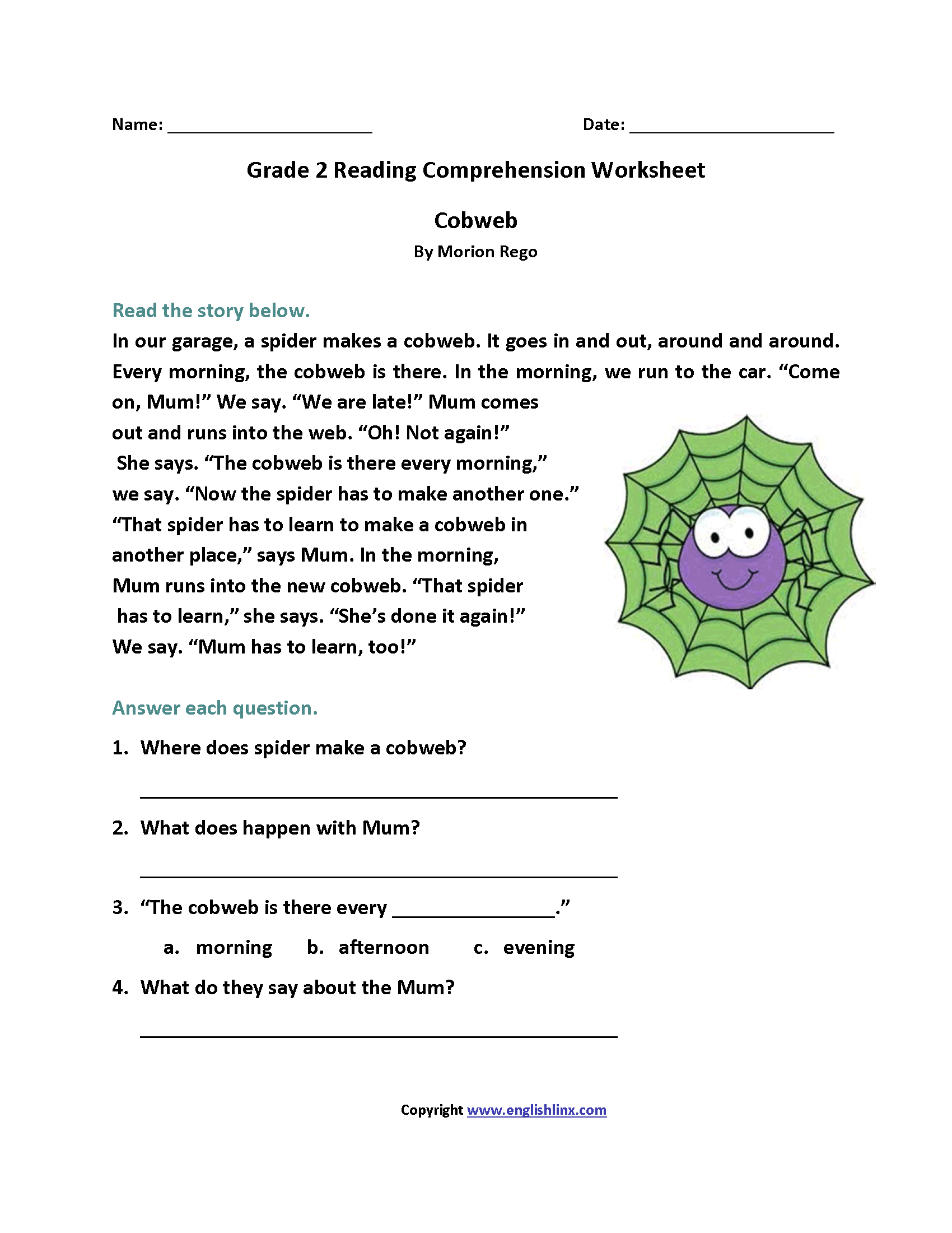 2Nd Grade Reading Comprehension Printable Worksheets
